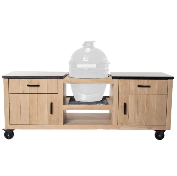 Fraaii buitenkeuken staal eiken long L + granieten werkblad