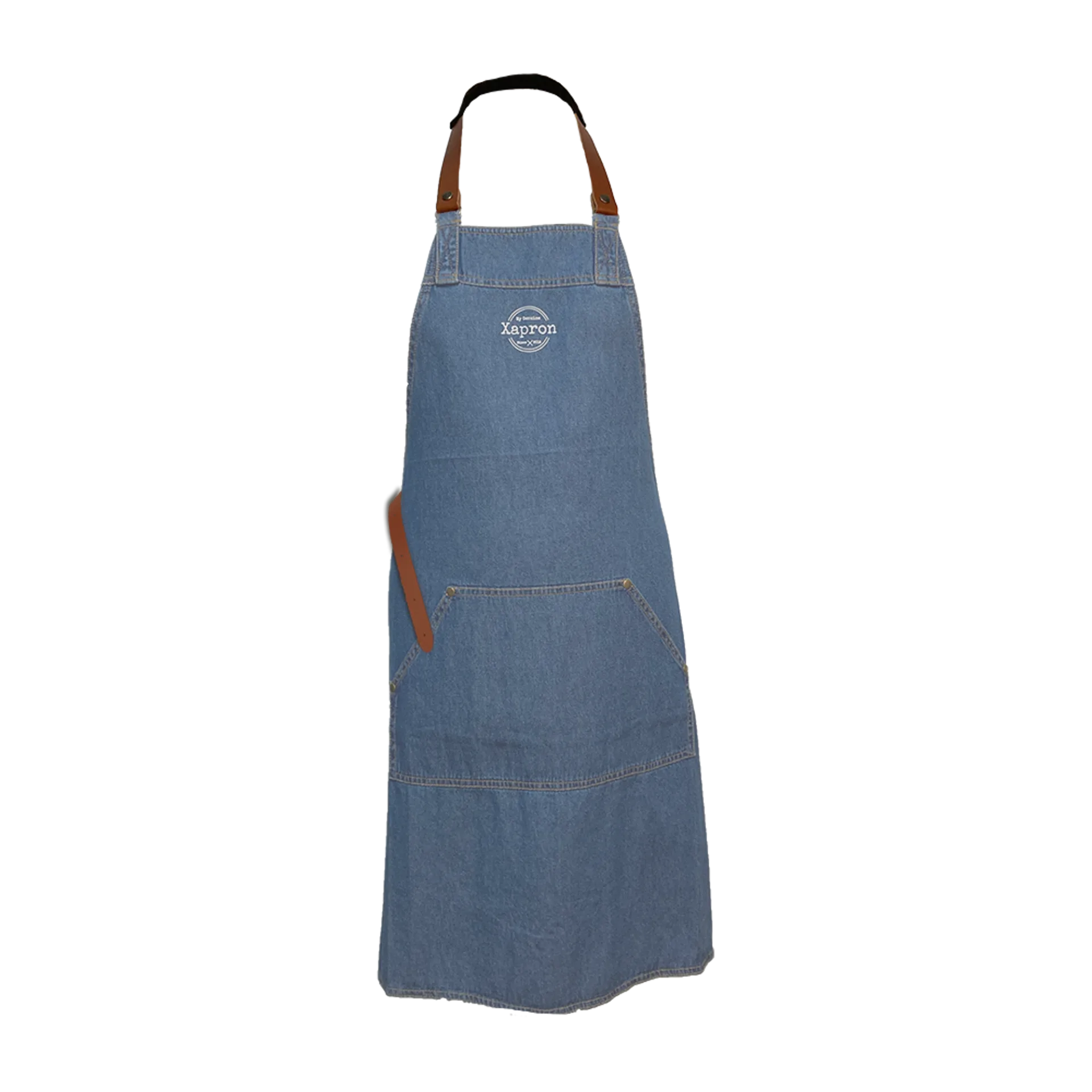 Xapron denim schort met leren banden
