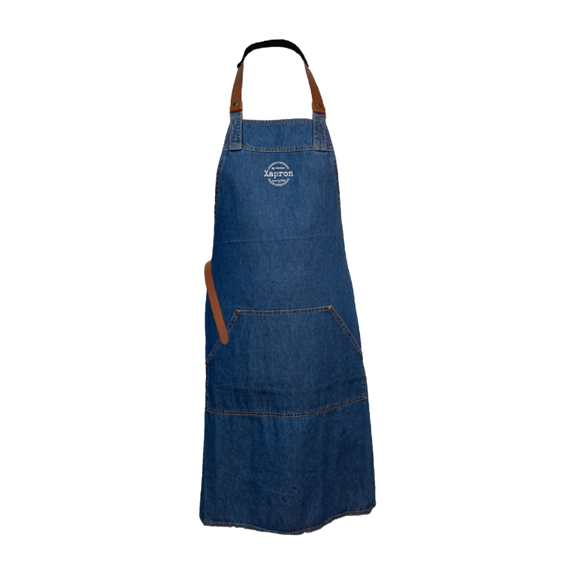 Xapron denim schort met leren banden