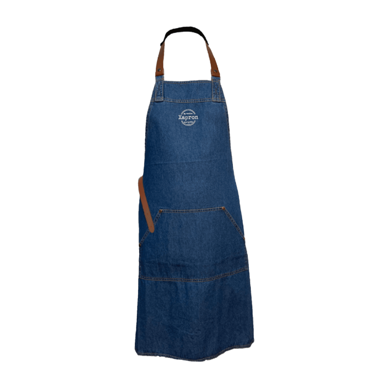 Xapron denim schort met leren banden